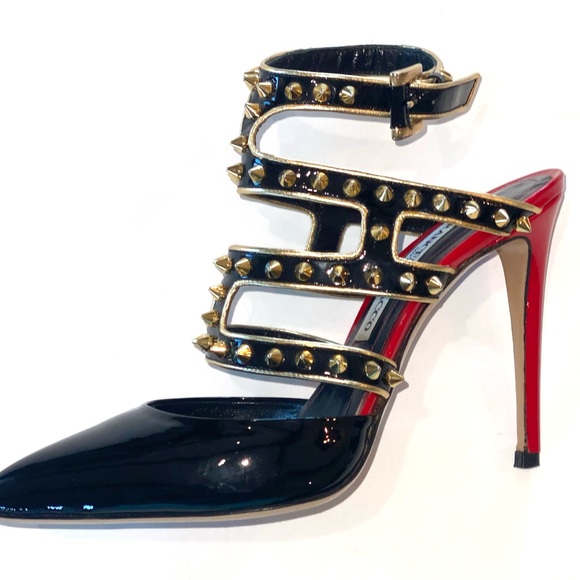 Francesco Sacco Black Patent w/Gold Studs & Red Trim, Ankle Strap, Sz 7.5, Italy - Picture 5 of 15